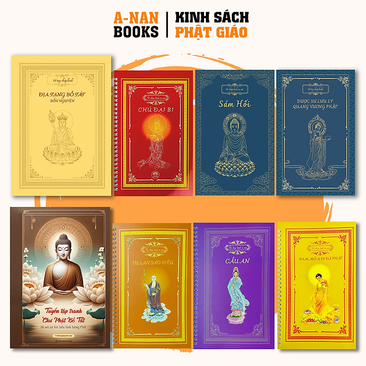 Sổ chép kinh Bộ 8 vở chép Kinh Địa Tạng, Dược Sư, Sám Hối, Vu Lan, Cầu An, Chú Đại Bi, Hồng Danh, Tranh chư phật bồ tát