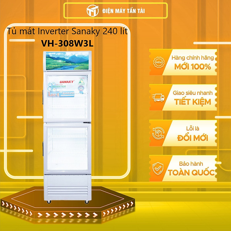 TỦ MÁT 2 CỬA SANAKY INVERTER 240 LÍT VH-308W3L NHÔM (LOW-E) (R600A) - hàng chính hãng