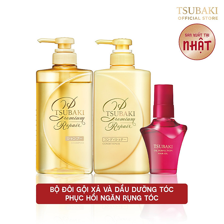 Bộ ba Tsubaki Premium Phục hồi ngăn rụng tóc & Bảo Vệ Tóc Trước Tác Hại Của Tia UV (Gội Xả 490ml/chai + Dầu dưỡng tóc 50ml)