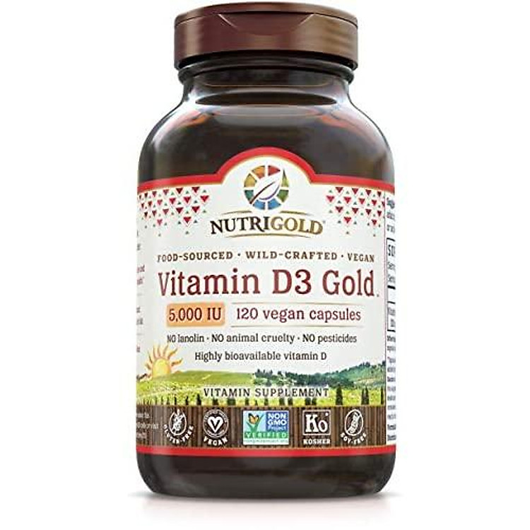 Nutrigold Food-Sourced Vitamin D3 5000 IU, 120 Capsules (Natural Vitamin D from Lichen, Certified Vegan, Kosher, Non-GMO)