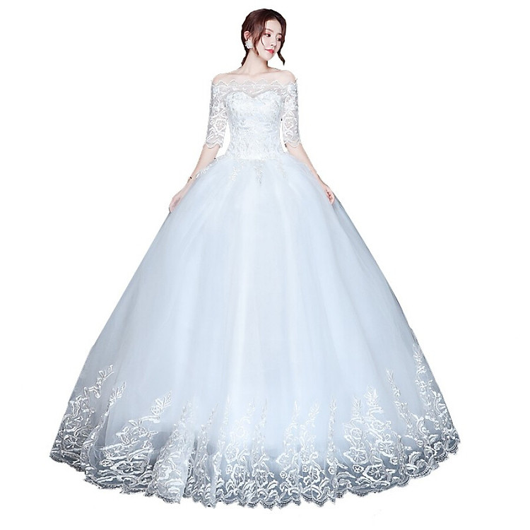 Váy Cưới Công Chúa Trễ Vai Thêu Ren Thanh Lịch