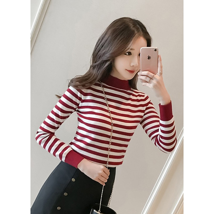 Áo nữ dài tay mẫu kẻ màu đỏ ngang Haint Boutique td03