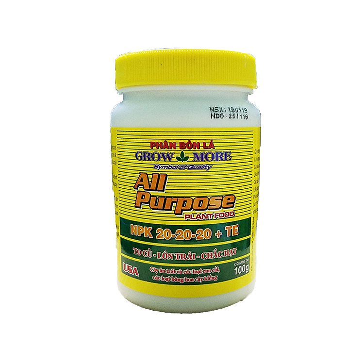 Phân bón NPK Grow more 20-20-20 + TE (100g/hũ) dành cho mọi giai đoạn | Chuyên dùng hoa lan, hoa hồng, cây ăn trái
