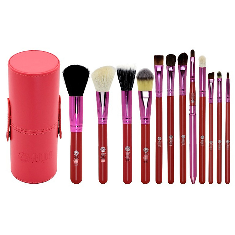 Bộ cọ trang điểm 12 cây FEIYAN màu hồng kèm ống đựng