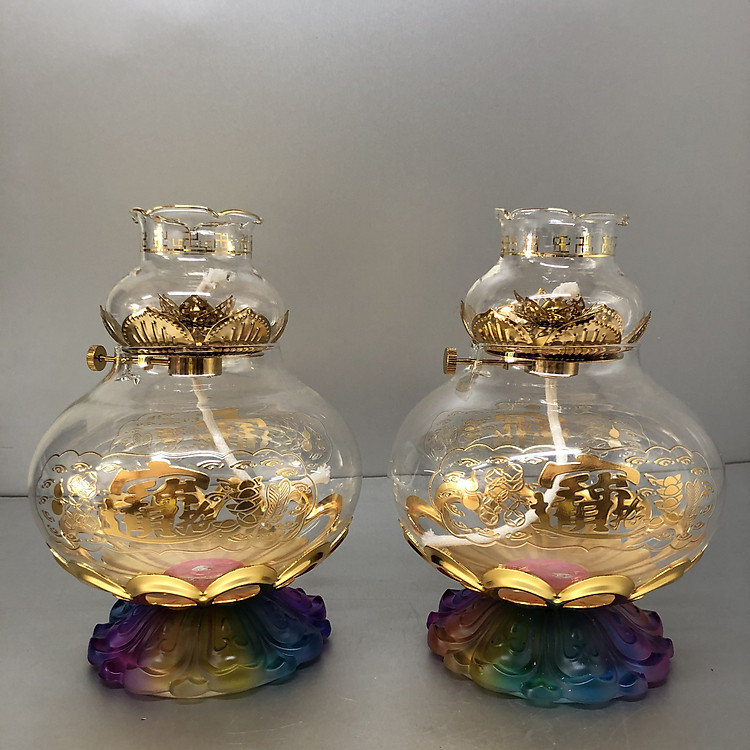Combo 2 chiếc Đèn thờ đốt dầu đế lưu li ngũ sắc hoạ tiết chữ lộc - BH41