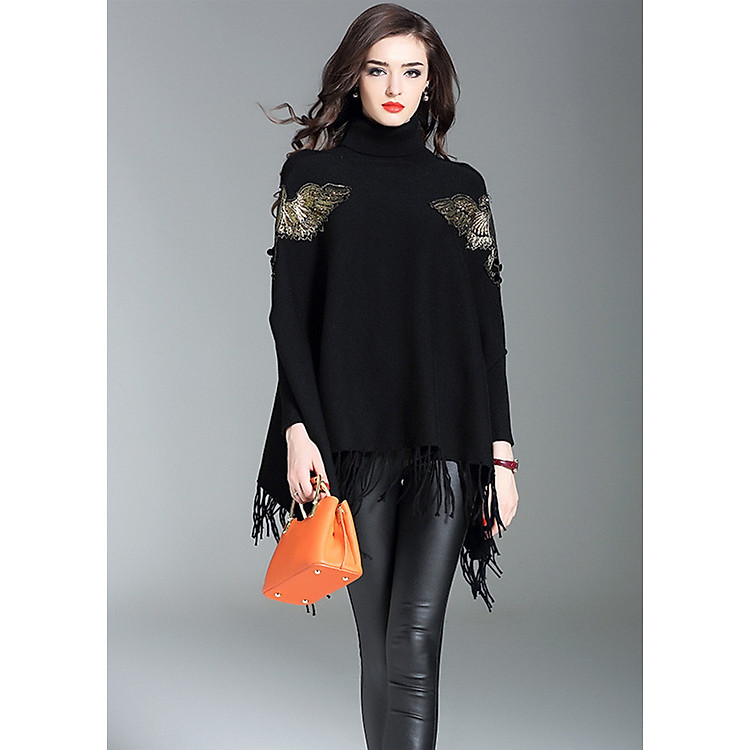 Áo khoác choàng len kiểu áo khoác len tua rua cổ lọ họa tiết chim AKL1266