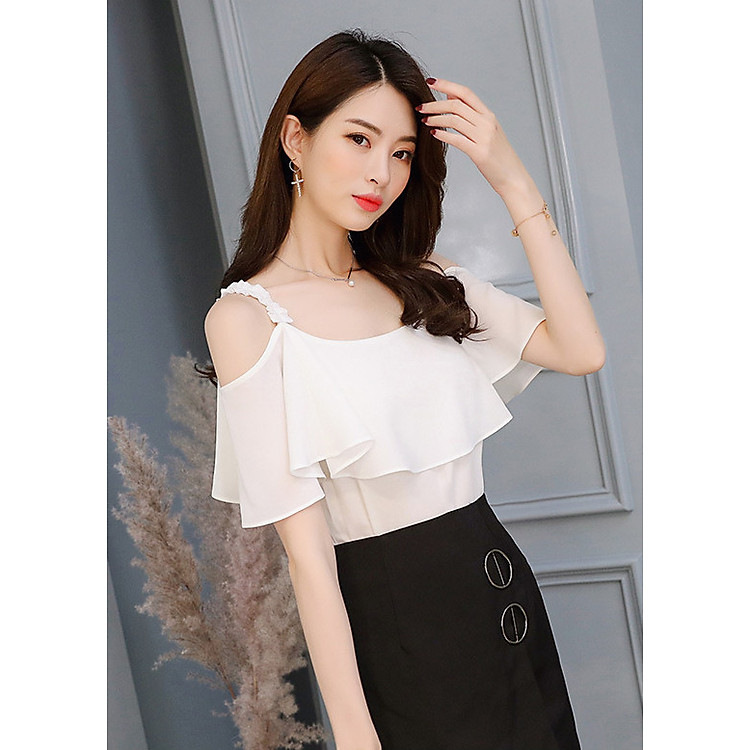 Áo nữ trễ vai 2 dây phối bèo 11