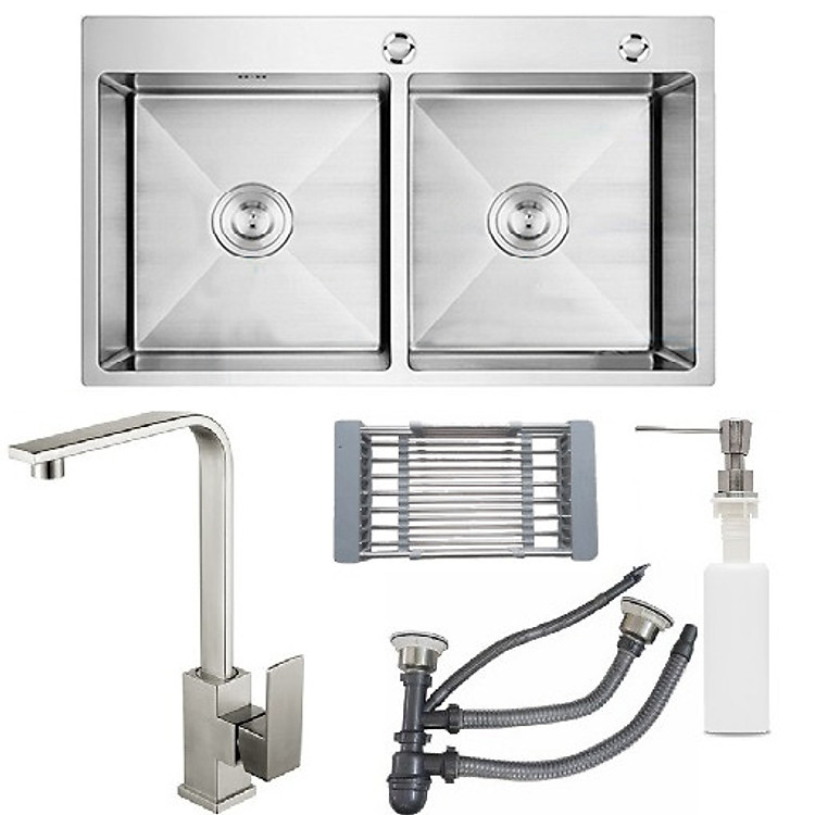 Combo chậu rửa chén bát inox 8245 hai hố cân, vòi rửa bát nóng lạnh Vuông, bình xà phòng, rá inox gác chậu
