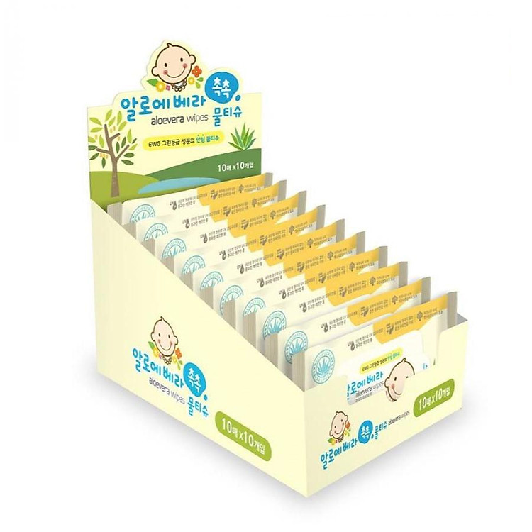 Bộ 10 gói khăn giấy ướt Hàn Quốc Living Aloe Vera Chok Chok - loại 10 tờ/gói