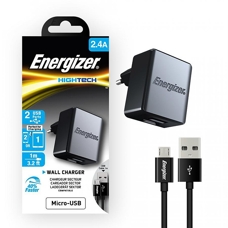Sạc Energizer 2.4A 2 Cổng USB kèm Cáp MicroUSB - ACA2BEUHMC3 - Hàng Chính Hãng