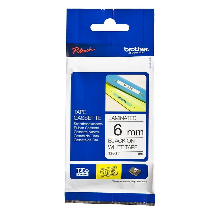 Nhãn tiêu chuẩn Brother TZe-211, (6mm x 8m - Chữ đen trên nền trắng, chống thấm nước) - Hàng chính hãng