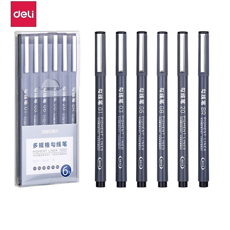 Bộ 6 cây bút đi nét liner mực đen kháng nước Deli S573 vẽ kỹ thuật vẽ caligraphy phác thảo