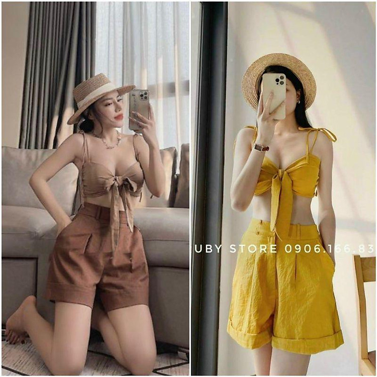 ẢNH THẬT - SET ÁO BRA CROPTOP NÂU NUDE / VÀNG CUP NGỰC 2 DÂY NƠ + QUẦN SHORT