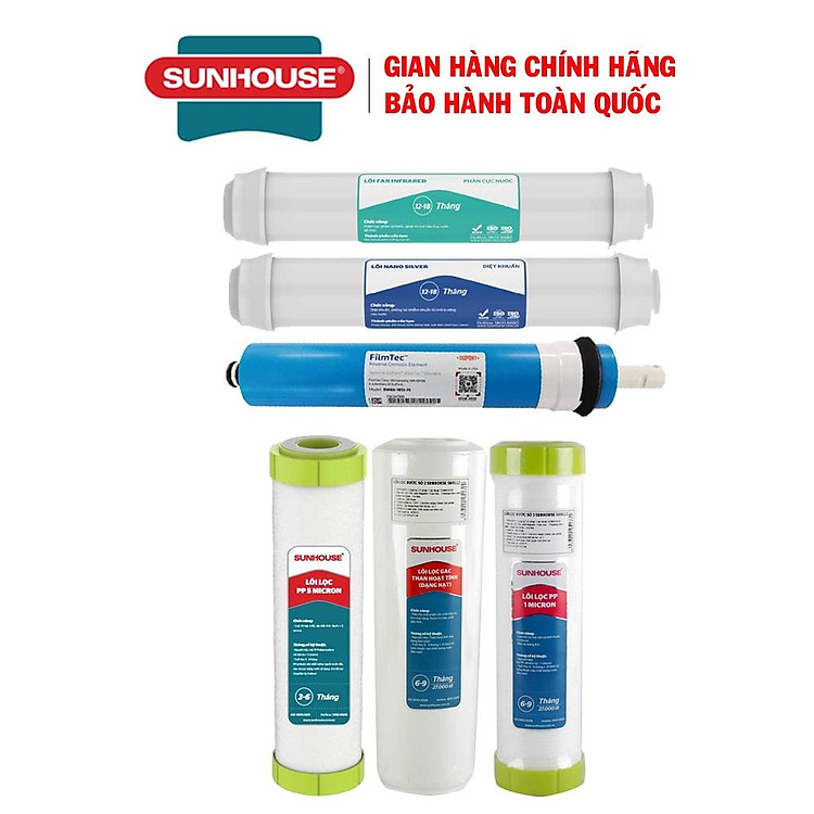 Bộ lõi lọc nước Sunhouse từ 1 đến 6, Gồm có: Lõi lọc thô 123, Lõi lọc số 4 RO Sản xuất tại Việt nam, 2 lõi lọc chức năng