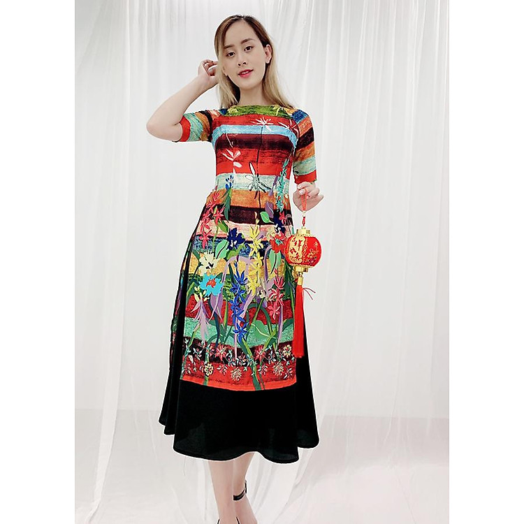 Set Áo Dài Cách Tân kiểu Áo Dài 3D In Họa Tiết Ngũ Sắc Kèm Chân Váy ROMI 3150