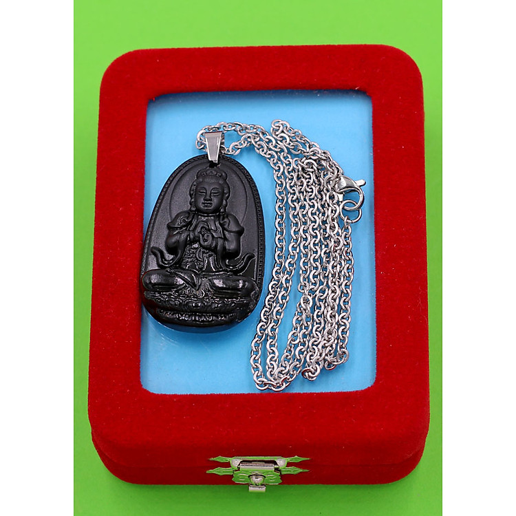 Vòng cổ phật Đại Nhật Như Lai - thạch anh đen 3.6cm DITTEB5 - dây inox bạc - kèm hộp nhung - tuổi Mùi, Thân