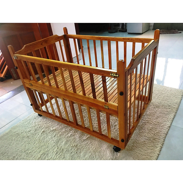Giường cũi gỗ 2 tầng màu cánh dán giá xưởng, hệ sơn NC cho em bé, bánh xe có khóa an toàn, xếp gọn nhanh giúp tiết kiệm không gian