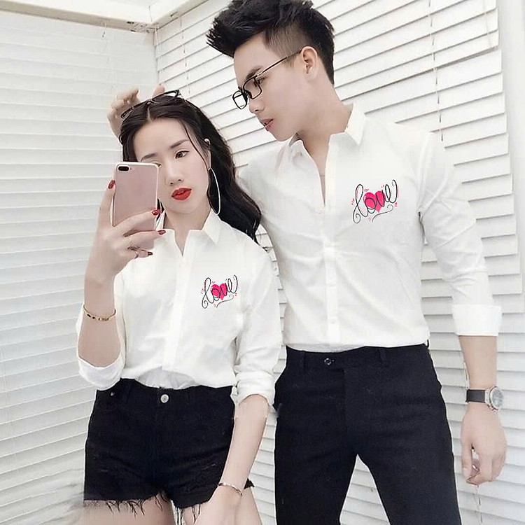 Áo Sơ Mi Nam Nữ In Chữ “Love” Chất Vải Mịn Mát, Thiết Kế Sang Trọng, Đơn Giản Mặc Đôi, Cặp Đều Được