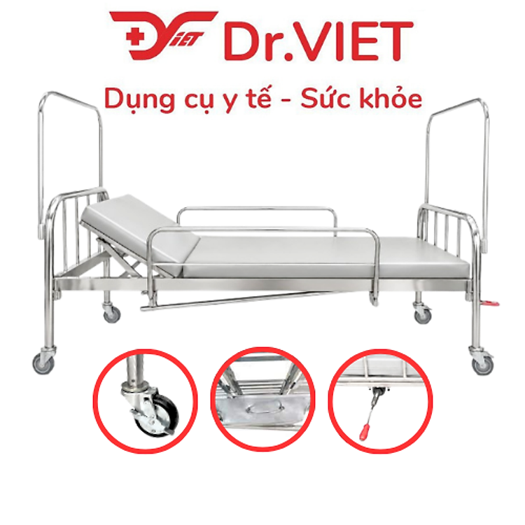 Giường Y Tế Inox 1m2 Vạc Hộp Kín 1 Tay Quay Có Thanh Chắn, Bánh Xe Khóa An Toàn, Có Bô/Không Bô