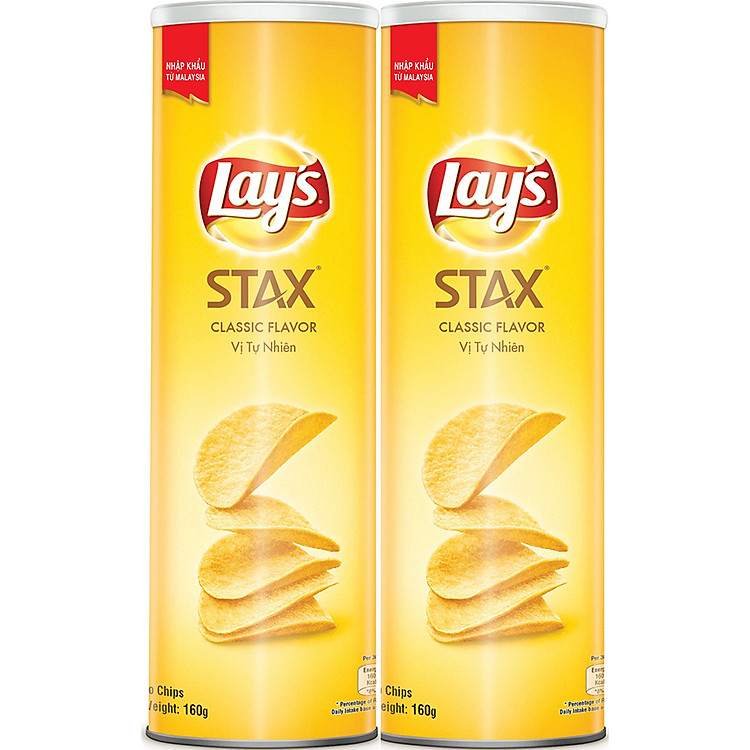 Combo 2 Bánh Snack Khoai Tây Ống Lay's Stax Khoai Tây Miếng Vị Tự Nhiên 160g (Size lớn) - Nhập khẩu từ Malaysia