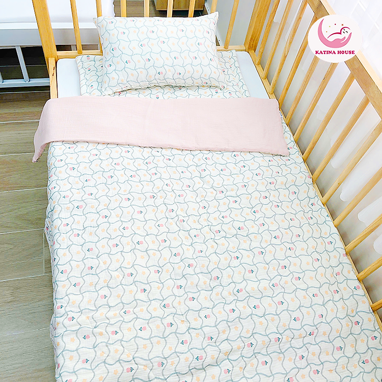 Bộ nệm gối chăn cho bé đi học Katina House, vải muslin mềm nhẹ, thoáng khí, thấm hút tốt