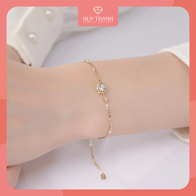 Lắc Tay Vàng Vàng 14K Thiết Kế Họa Tiết Hình Hoa Đính Đá CZ Cao Cấp Lấp Lánh LLF180 Huy Thanh Jewelry