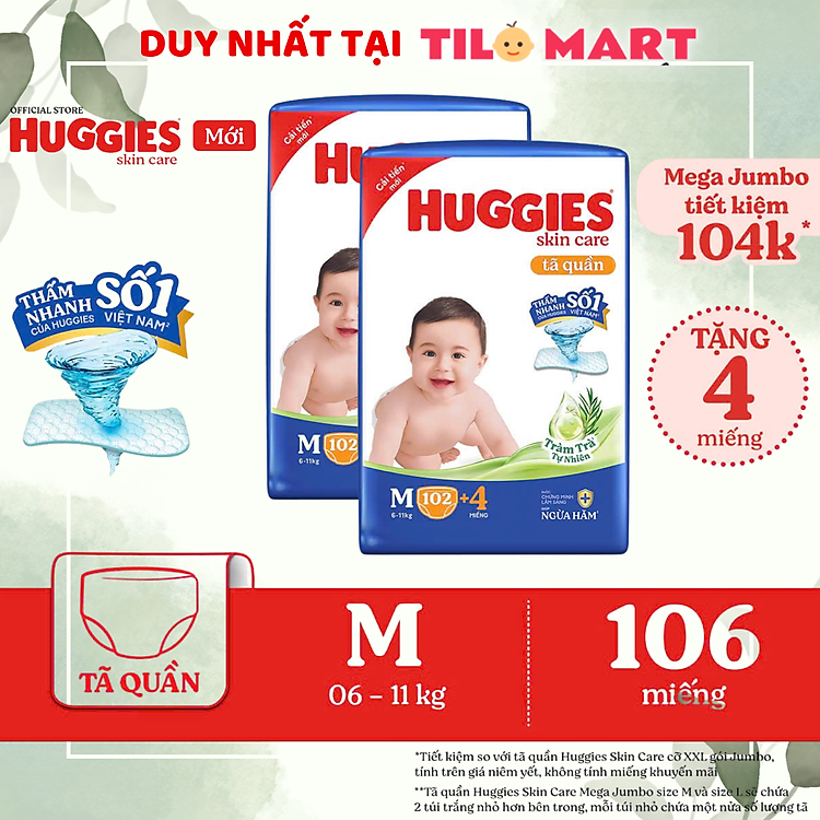 Combo 2 Tã HUGGIES SKINCARE size M Tiết kiệm