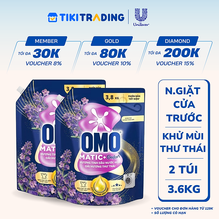 Combo 2 Túi Nước Giặt OMO Matic Chuyên Dụng Cửa Trước Lavender Khử Mùi Thư Thái 3.6KG