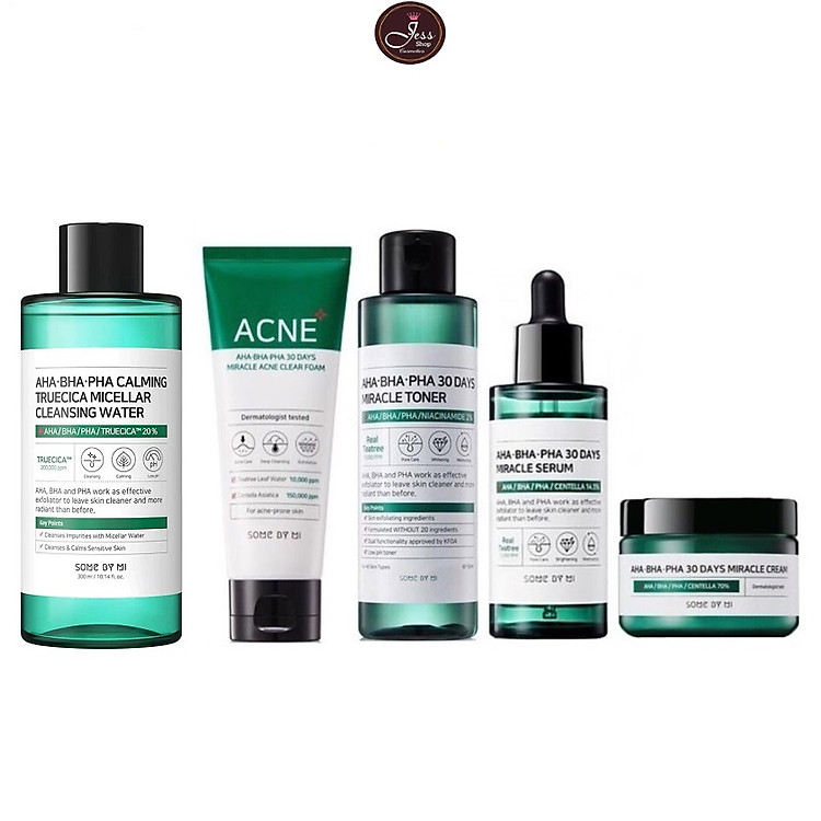 Bộ 5 Sản Phẩm Ngăn Ngừa Mụn Giảm Thâm Some By Mi AHA-BHA-PHA 30 Days Miracle Gồm Nước tẩy trang 300ml + Sữa rửa mặt 100ml + Toner 150ml + Serum 50ml + Cream 60g