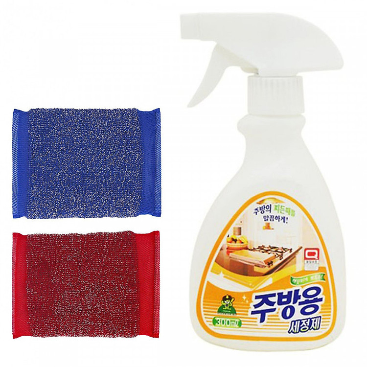 Combo Set 2 miếng cọ xoong nồi cao cấp (Giao màu ngẫu nhiên) + Chai xịt tẩy vệ sinh nhà bếp Sado Nội địa Hàn Quốc