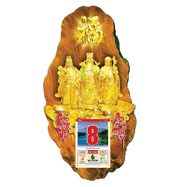 Lịch Gỗ In 3D - Phúc Lộc Thọ 39x79Cm (Tặng kèm bloc lịch kích thước 14.5x20.5 Cm)