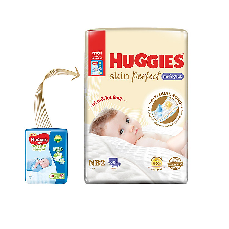 Miếng lót sơ sinh Huggies Skin Perfect NB2 60 miếng với 2 vùng thấm giảm kích ứng da