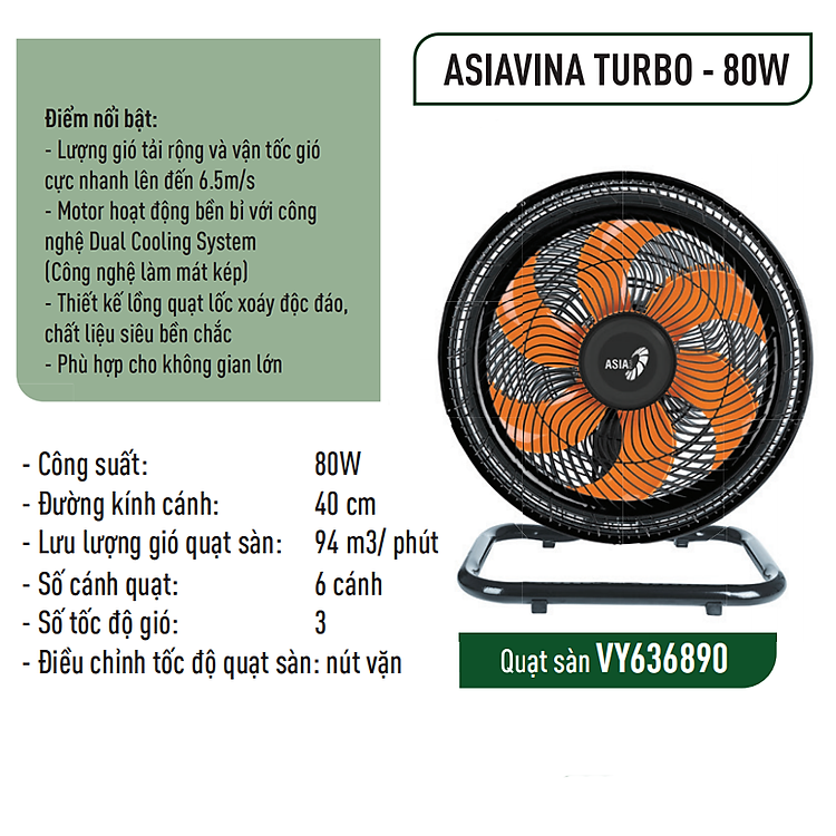 Quạt sàn Asia vina TURBO PLUS VY636892/VY636792 90W - Hàng chính hãng