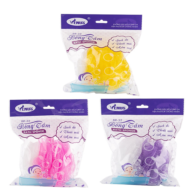 Combo 3 Bông tắm tròn Venus BR32-Tạo bọt nhiều, tấy da chết, thẩm thấu sữa tắm nhiều,massge thư giãn (Giao màu ngẫu nhiên)