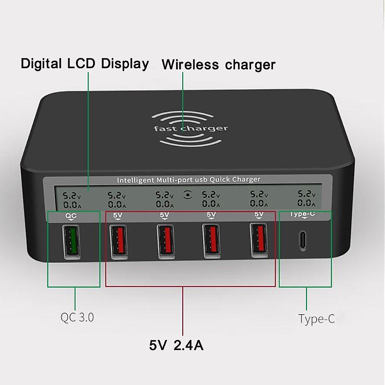 USB-C Qi Wireless 5-Port 5 USB Ports QC 3.0 Charging Station Dock LED Display for UK
