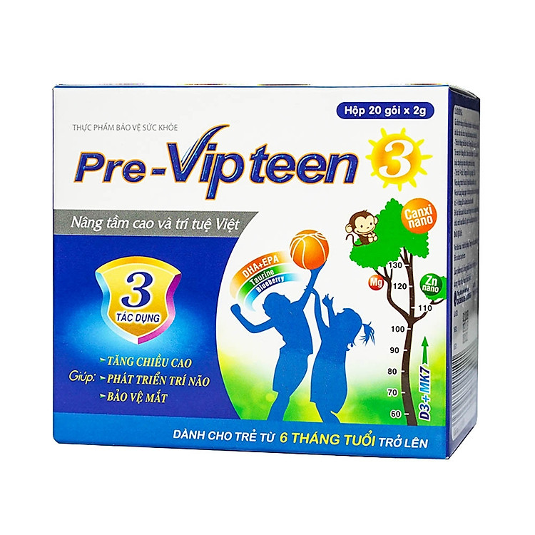 Thực Phẩm Bảo Vệ Sức Khỏe PRE-VIPTEEN 3- Hỗ Trợ Phát Triển Chiều Cao, Giúp Xương Răng Chắc Khỏe (Hộp 20 gói x 2g)