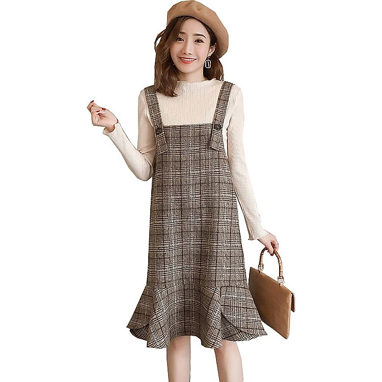 Đầm yếm caro nâu - DD138