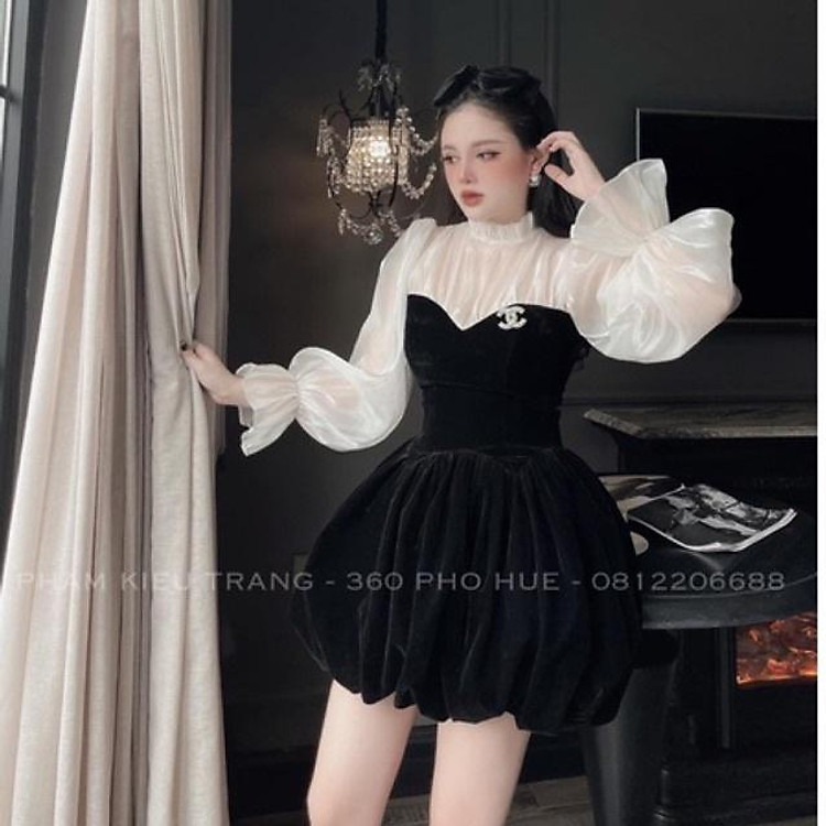 Váy Nhung Phồng Tay Tơ Kèm Tang Có Ảnh Thật Kèm Video