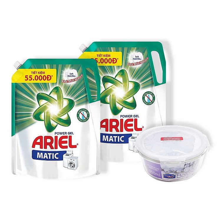 Combo 2 Túi Nước Giặt Ariel Matic Đậm Đặc 2.4KG - Tặng Tô Thủy Tinh Chịu Nhiệt 950ml