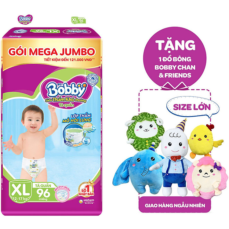 Tã Quần Bobby Đệm Lưng Thấm Mồi Hôi Lưng Mega Jumbo XL96 - Tặng 1 đồ bông Bobby Chan (Sưu tập 05 con Bobby Chan & Những người bạn)