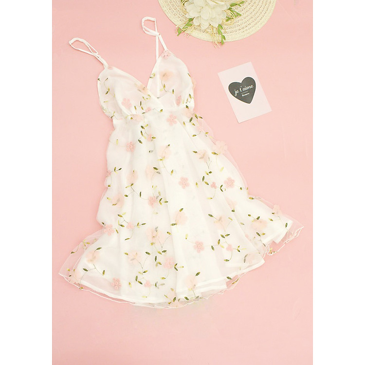 Bộ váy ngủ hai dây phối voan tơ thêu hoa lá gợi cảm VG69