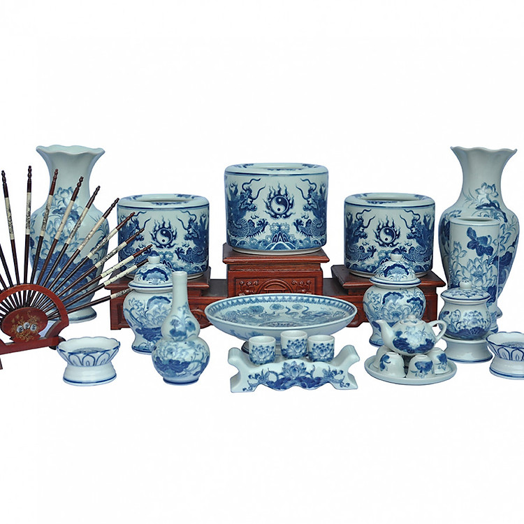 Bộ đồ thờ sứ men trắng vẽ rồng phượng Bát Tràng TR02