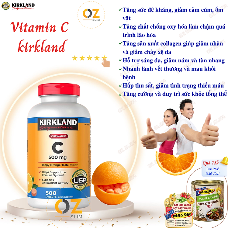 Vitamin C Kirkland Signature Mỹ Tăng cường sức đề kháng, Sáng da, làm chậm quá trình lão hóa, nhanh lành vết thương - OZ Slim Store