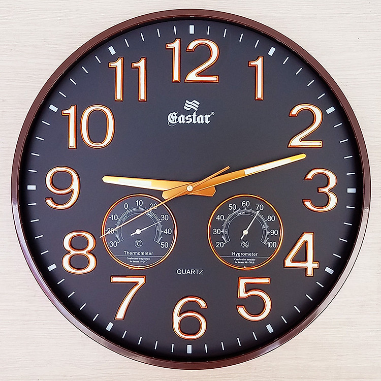 Đồng Hồ Treo Tường DECOR Trang Trí Nhà Hình Tròn Viền Mỏng 38cm EASTAR - Bộ Kim Số DẠ QUANG và NHIỆT ẨM KẾ TỰ ĐỘNG - Tặng Pin Maxell