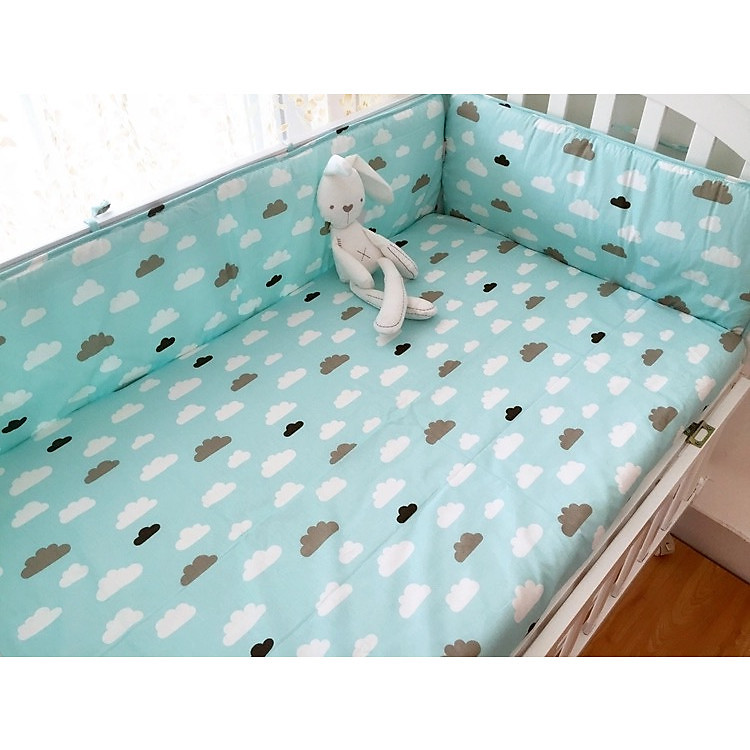 4 tấm quây chắn cũi và ga chun cotton mẫu mây xanh