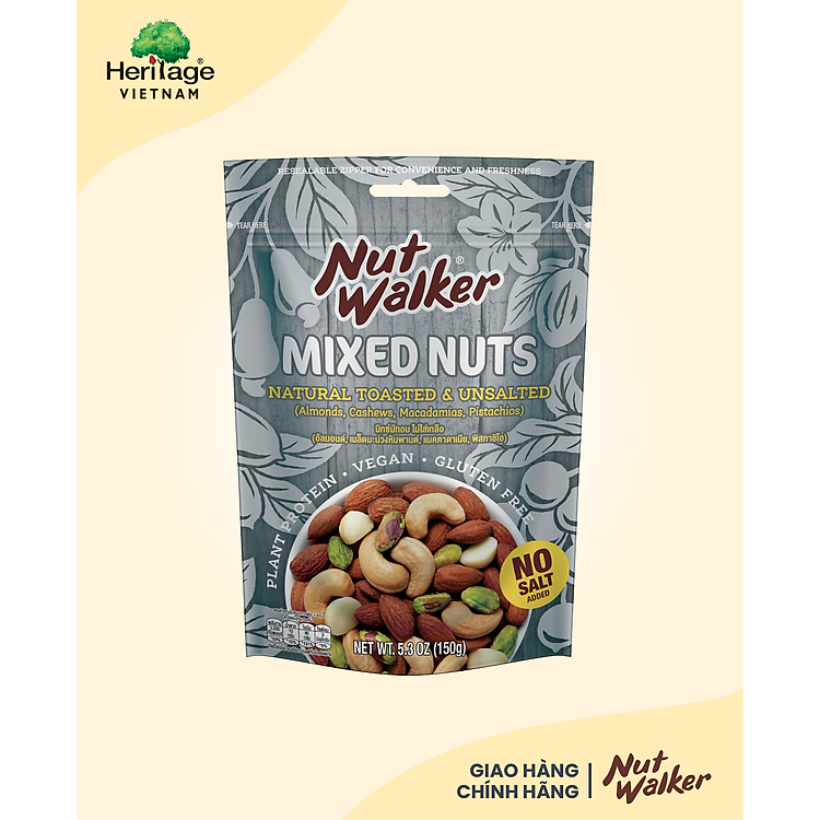 Nut Walker - Gói 150gr Hỗn hợp hạt khô rang không muối (Natural Toasted & Unsalted Mixed Nuts)