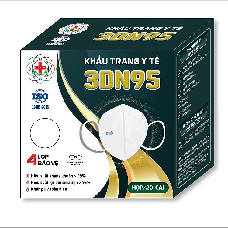 Khẩu trang y tế 4 lớp Khánh An 3DN95 kháng khuẩn màng lọc đặc biệt giúp ngăn cản 95% bụi mịn và lọc khuẩn trên 98%