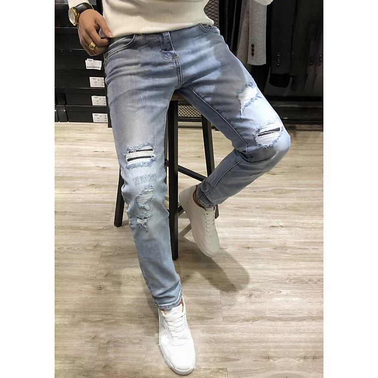 Quần Jean Nam xanh khói rách gối ống côn jean cotton co giãn VNXK Jeans 5679