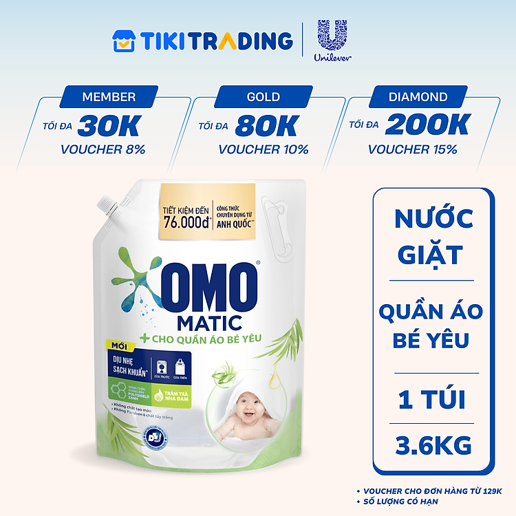 Túi Nước Giặt Omo Matic Cho Quần Áo Bé Yêu Chiết Xuất Tràm Trà Và Nha Đam Dịu Nhẹ, Sạch Khuẩn 3.6kg