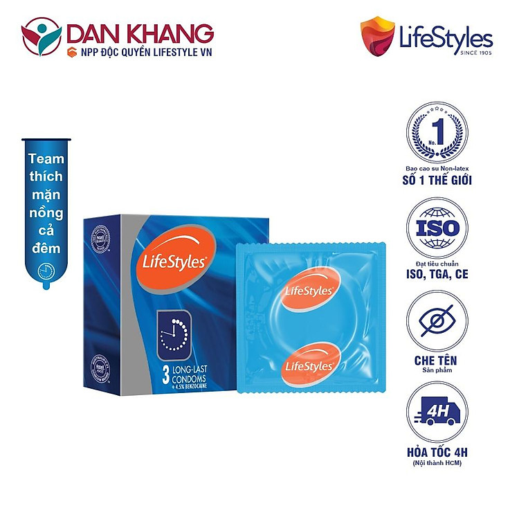 Bao Cao Su Kéo Dài Thời Gian LifeStyles Love Time Thiết kế Ôm Sát Nhiều Gel 100% Không Rách Bao - Hộp 3 bao